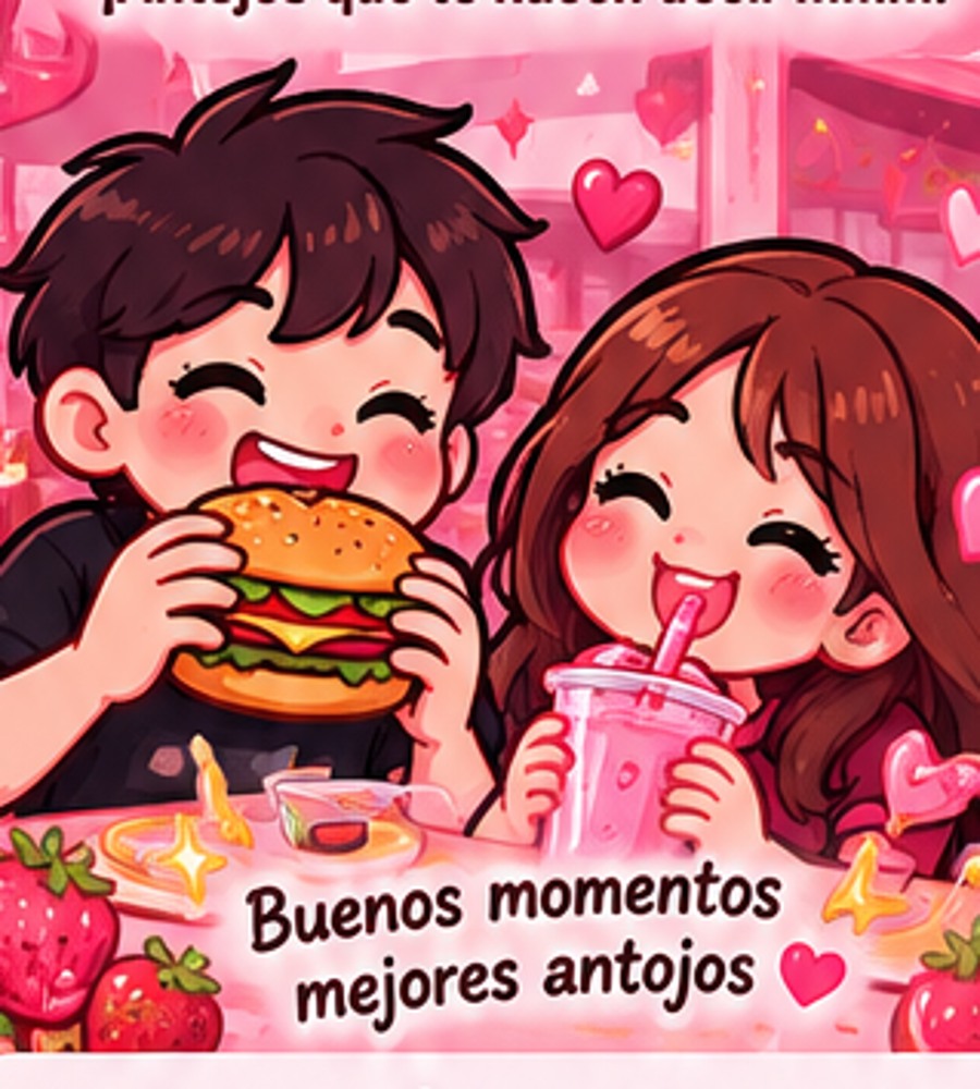 Personajes sonrientes disfrutando hamburguesa y bebida